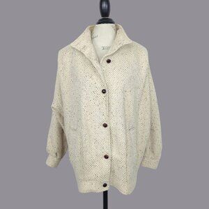 Vintage 80s Cream Tweed Pea Coat Medium PLC Wool Short Oatmeal